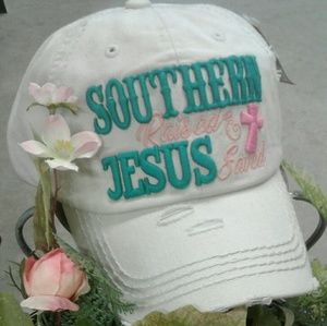 Southern Raised & Jesus Saved Distressed Cream Hat